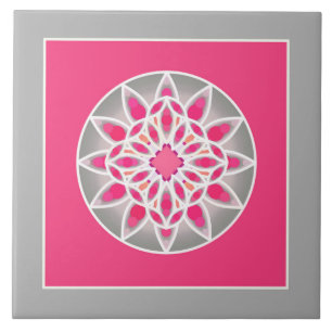 Carreau Motif Mandala en rose fuchsia, gris et blanc