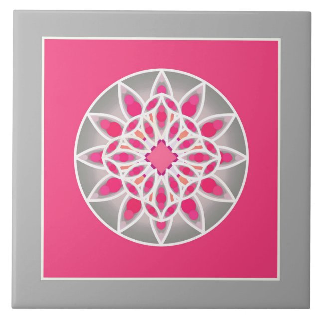 Carreau Motif Mandala en rose fuchsia, gris et blanc (Devant)