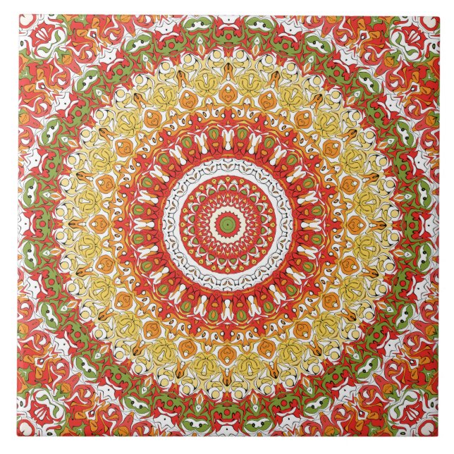 Carreau Motif Mandala Fiesta en rouge, jaune et vert (Devant)