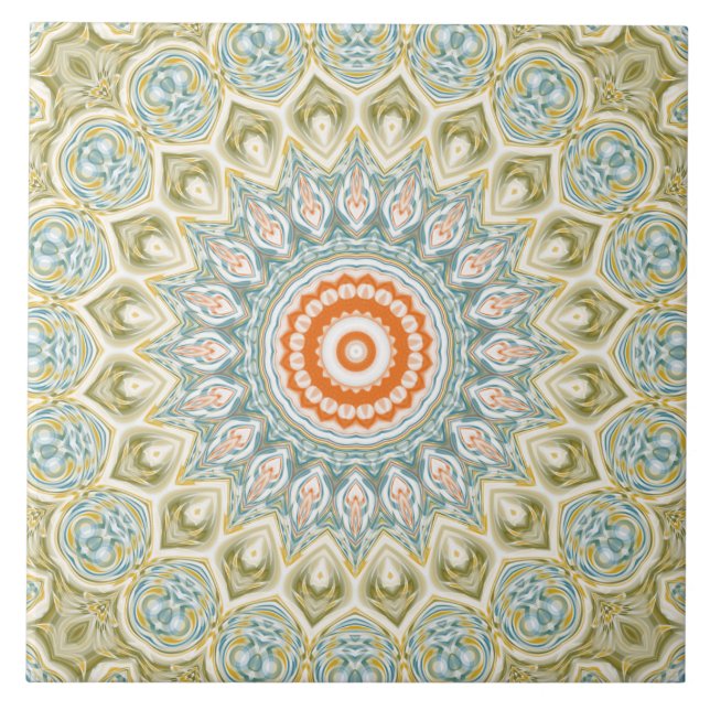 Carreau Motif Mandala orange et Turquoise avec accents or (Devant)