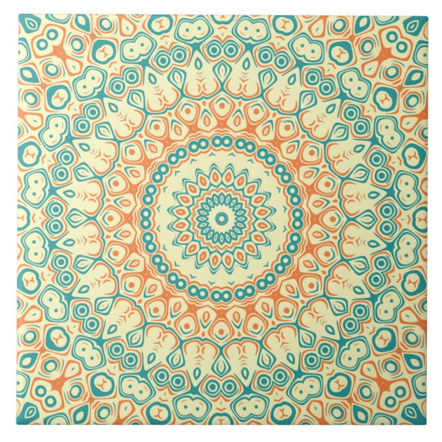 Carreau Motif Mandala Teal et Orange Tropical (Devant)