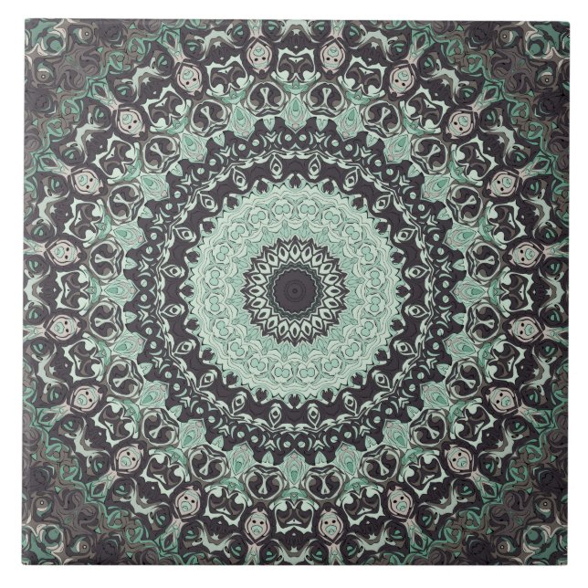 Carreau Motif Mandala Vert Menthe et Charbon (Devant)