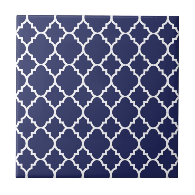 Carreau Motif marocain blanc de Quatrefoil de bleu marine (Devant)