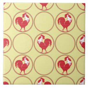 Carreau Motif Médaillon Coq Rouge sur Fond Jaune