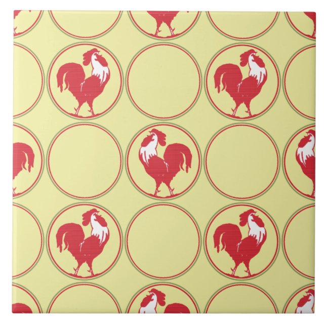 Carreau Motif Médaillon Coq Rouge sur Fond Jaune (Devant)