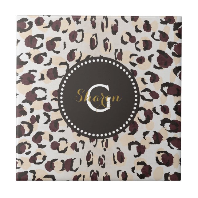 Carreau Motif moderne chic brun cheetah imprimé monogramme (Devant)