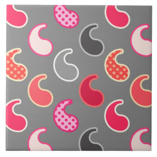 Carreau Motif moderne Paisley, Coral, rose sur gris / gris