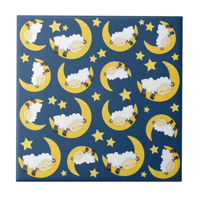 Carreau Motif mouton, Mouton couché, Lune, Étoiles (Devant)