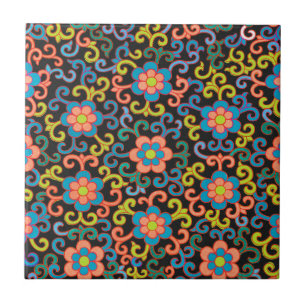Carreau Motif noir chic avec fleurs colorées 