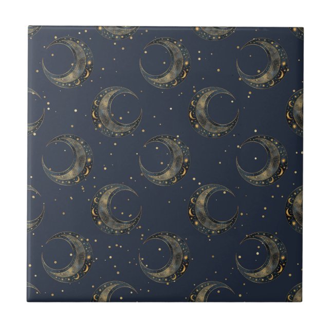 Carreau Motif Nuit Étoilée Lune Céleste Or (Devant)