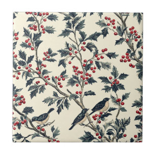 Carreau Motif oiseau chanteur élégant Houx crème rouge Hiv