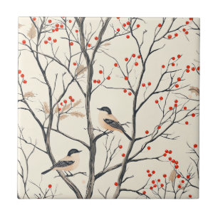 Carreau Motif Oiseau Chanteur Hiver Crème Baies Rouges