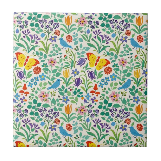Carreau Motif Oiseaux, Papillons & Fleurs Sauvages (Devant)