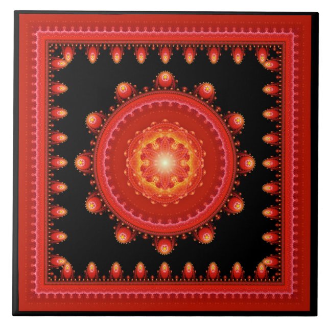 Carreau Motif oriental fractal rouge encadré (Devant)
