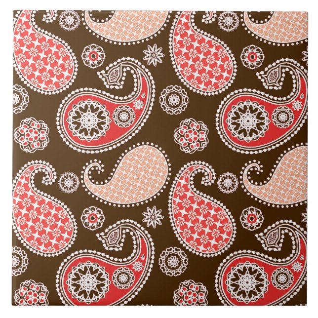 Carreau Motif Paisley, corail et chocolat (Devant)