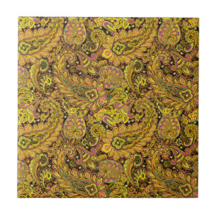 Carreau Motif Paisley en jaune, marron sur fond noir