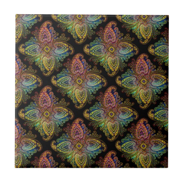 Carreau Motif Paisley Multicolore sur Fond Noir (Devant)