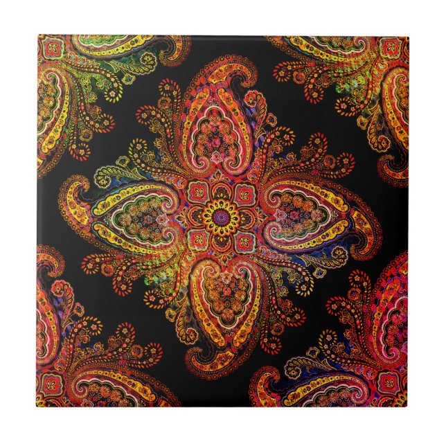 Carreau Motif Paisley Multicolore sur Noir  02 (Devant)