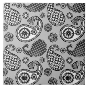 Carreau Motif Paisley, tons gris, noir et blanc
