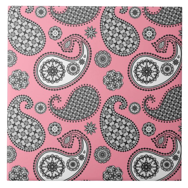 Carreau Motif Paisley, tons gris sur rose (Devant)
