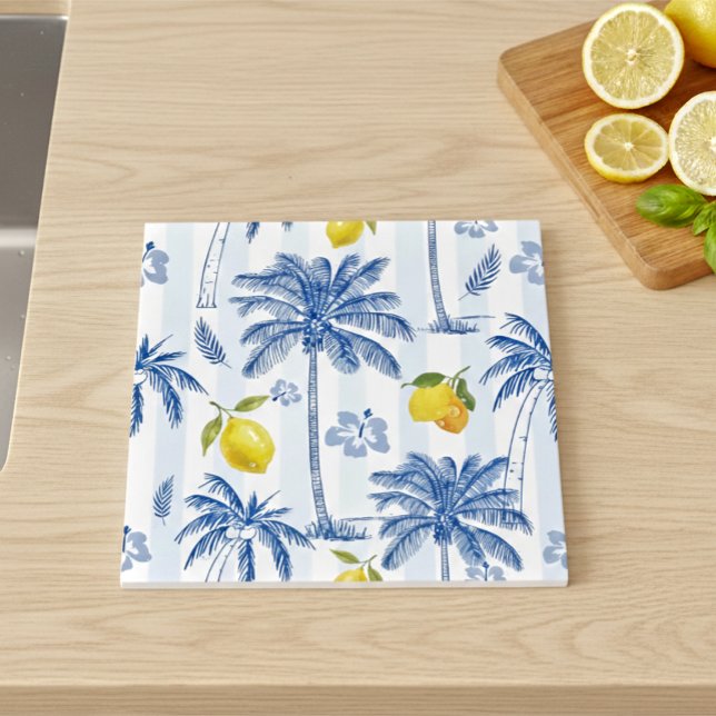 Carreau Motif Palmiers Citrons Toile Bleue (Créateur téléchargé)
