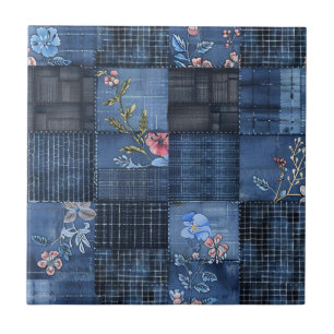 Carreau Motif Patchwork Floral Indigo Denim Bohème