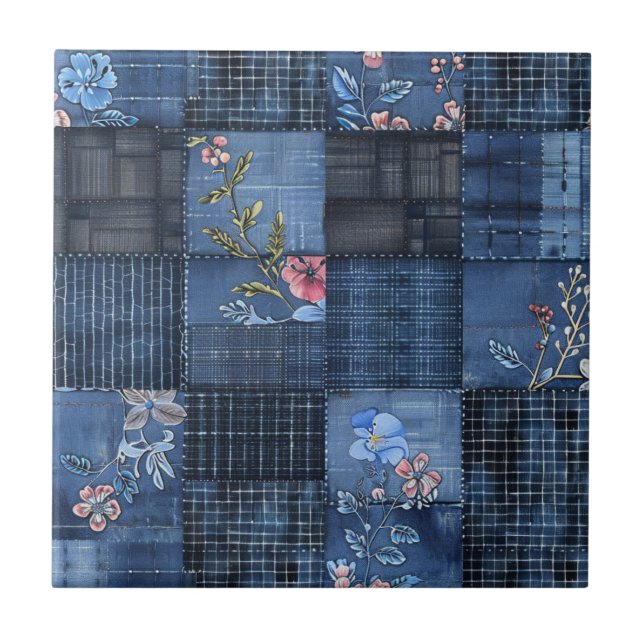 Carreau Motif Patchwork Floral Indigo | Denim Bohème (Devant)