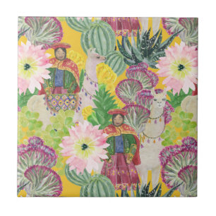 Carreau Motif péruvien de femme et de lama d'aquarelle