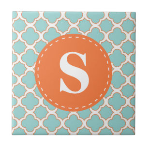 Carreau Motif Quatrefoil Turquoise Orange avec Monogramme