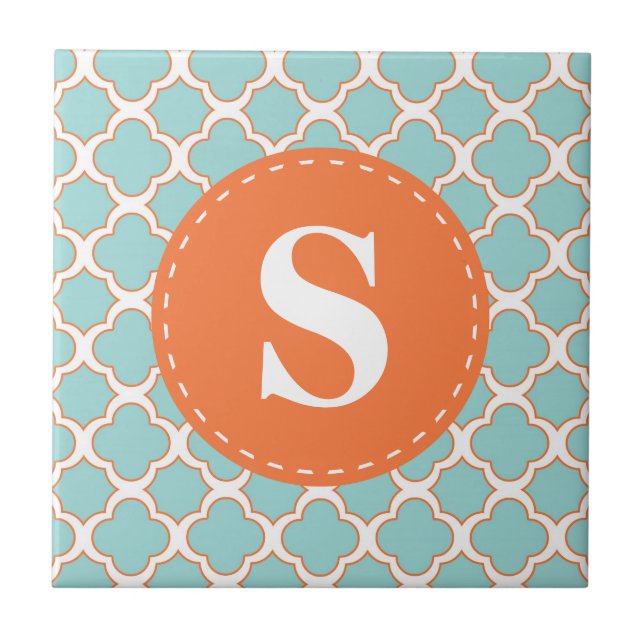 Carreau Motif Quatrefoil Turquoise Orange avec Monogramme (Devant)