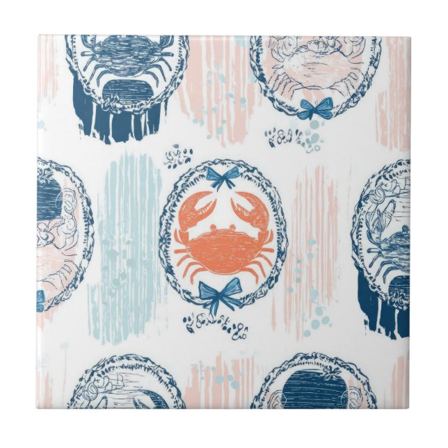 Carreau Motif rayé côtier bleu orange crabe nautique (Devant)
