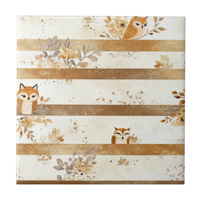 Carreau Motif rayé Renard & Hibou Forêt dorée (Devant)