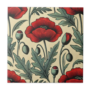 Carreau Motif Red Poppies d'inspiration vintage