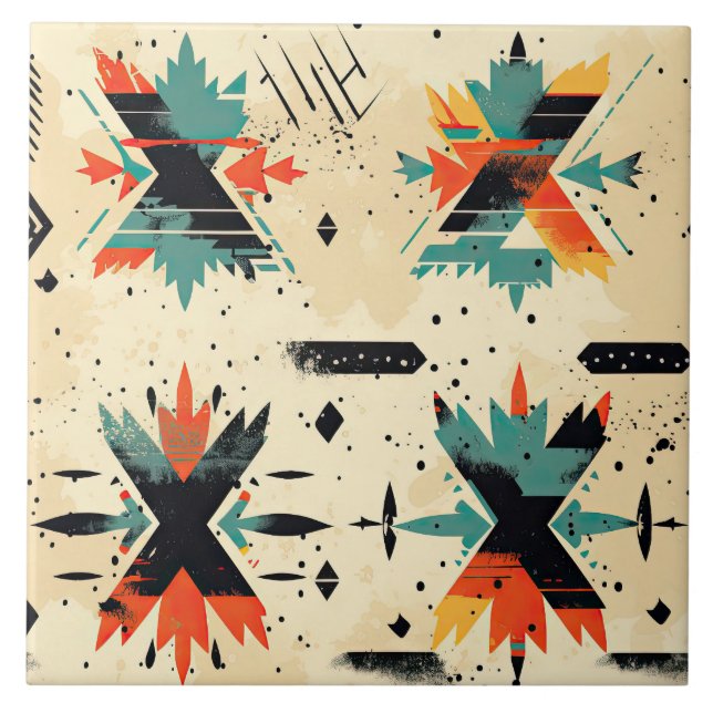 Carreau Motif rétro Aztec géométrique orange abstrait (Devant)