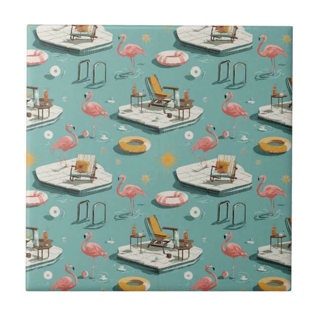 Carreau Motif Rétro Flamingo Piscine Été (1) (Devant)