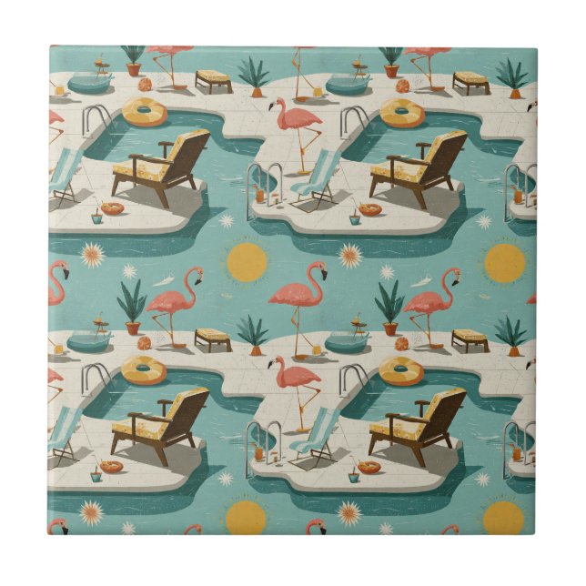 Carreau Motif Rétro Flamingo Piscine Été (2) (Devant)