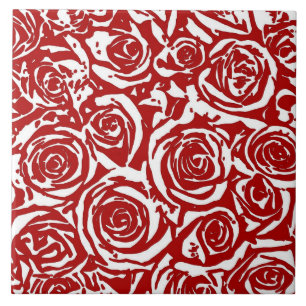 Carreau Motif Rose Abstrait moderne, rouge foncé et blanc