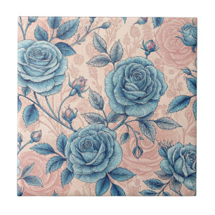 Carreau Motif Rose bleu rétro sur Arrière - plan rose doux