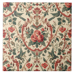 Carreau Motif Rose et Oiseau Vintage Art Nouveau Romantiqu