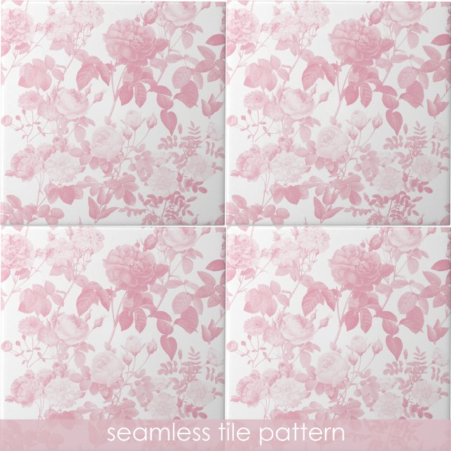 Carreau Motif Rose rose blanc (Pink White Floral Roses Pattern Ceramic Tile)