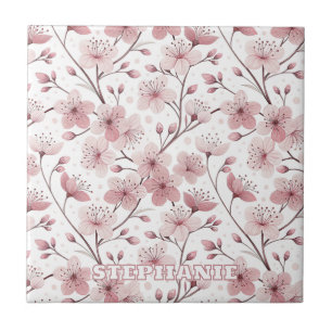 Carreau Motif Sakura en fleurs de cerises roses sur blanc 