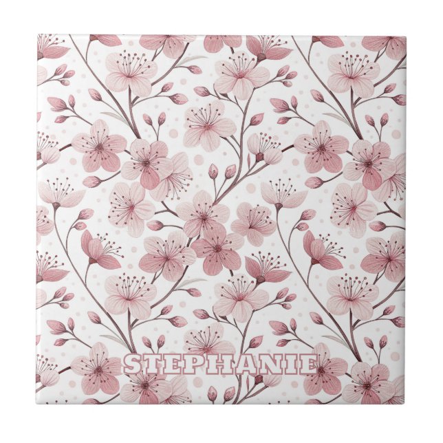 Carreau Motif Sakura en fleurs de cerises roses sur blanc  (Devant)