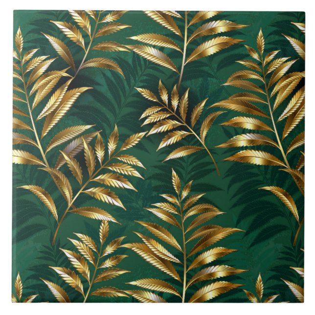 Carreau Motif sans couture avec des fougères dorées (Devant)