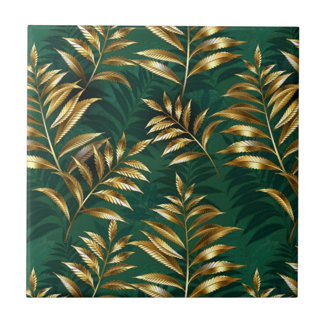 Carreau Motif sans couture avec des fougères dorées (Devant)