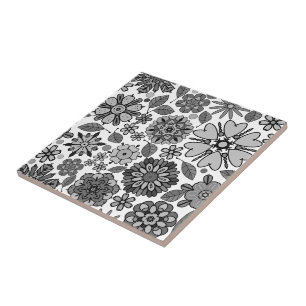 Carreau Motif sans couture d'art floral rétro en noir gris