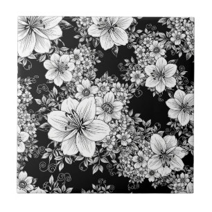 Carreau Motif sans couture floral vintage noir et blanc (3
