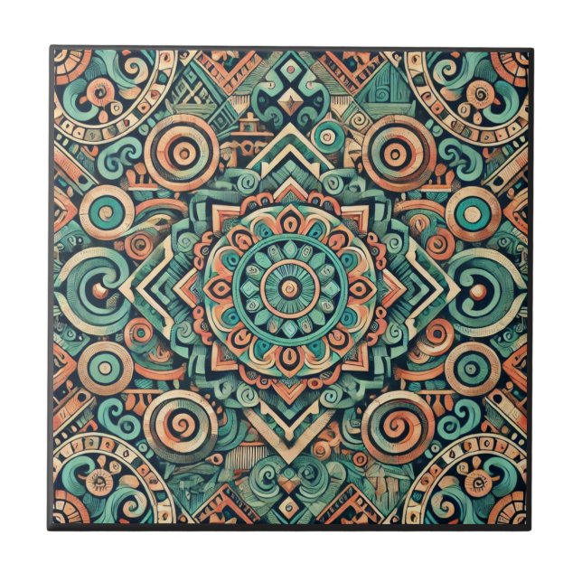 Carreau Motif sarcelle et terracotta inspiré des Aztèques (Devant)