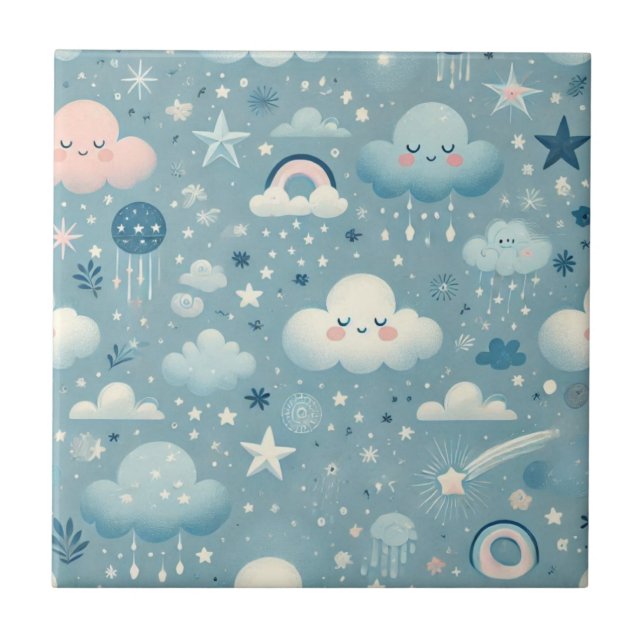 Carreau Motif Sky Whimsical avec nuages, étoiles - Bleu (Devant)