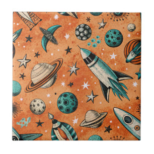 Carreau Motif spatial de fusée rétro en terre cuite et sar