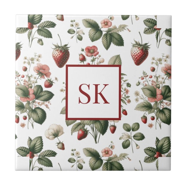 Carreau Motif sucré de fraise et de fleurs Monogramme pers (Devant)